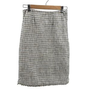 Calvin Klein Pencil Skirt WMNS SZ 6 Beige Metallic Fringe Hem Knee Length Tweed